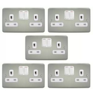 5 x Deta 1909SCW Switch Sockets 13 Amp 2 Gang DP Satin Chrome / White Insert