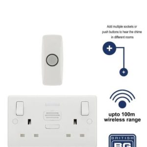 Wireless Door Bell Plug Socket Chime Power 2 Gang Twin Built In Receiver Push