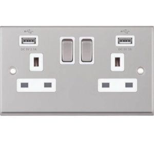 Selectric 7MPRO-161 Satin Brushed Chrome 2 Gang 13A Switched Socket With USB