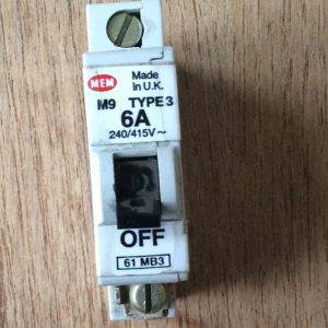 MEM MCB Type 3 6 Amp M9 Single Pole 6A Memshield Circuit Breaker 61MC 61MB3