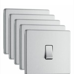BG Screwless Satin Brushed Chrome 20a 2 Way Single Light Switches Pack 5